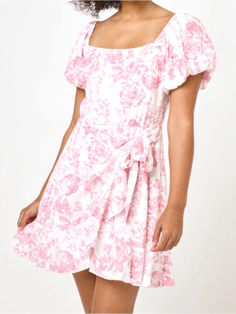 Trixxi Pink Floral Puff-Sleeve Mini Dress